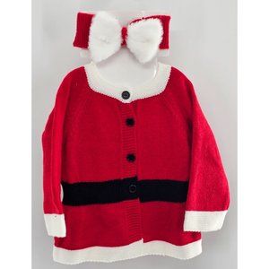 NEW!! Christmas baby girl sweater set 6-12mos knit Santa cardigan & bow headband